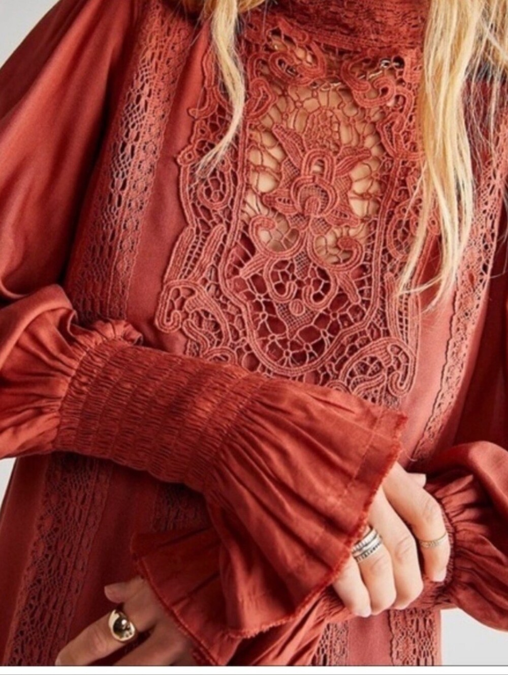 Free People Crochet Panel High-Neck Mini Dress — Rust - Picture 4 of 5